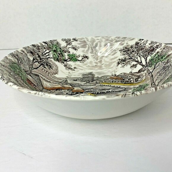 Staffordshire Brown Farm Scene Transferware Coupe Cereal Bowl Lot of 4 Colorful - Picture 2 of 3
